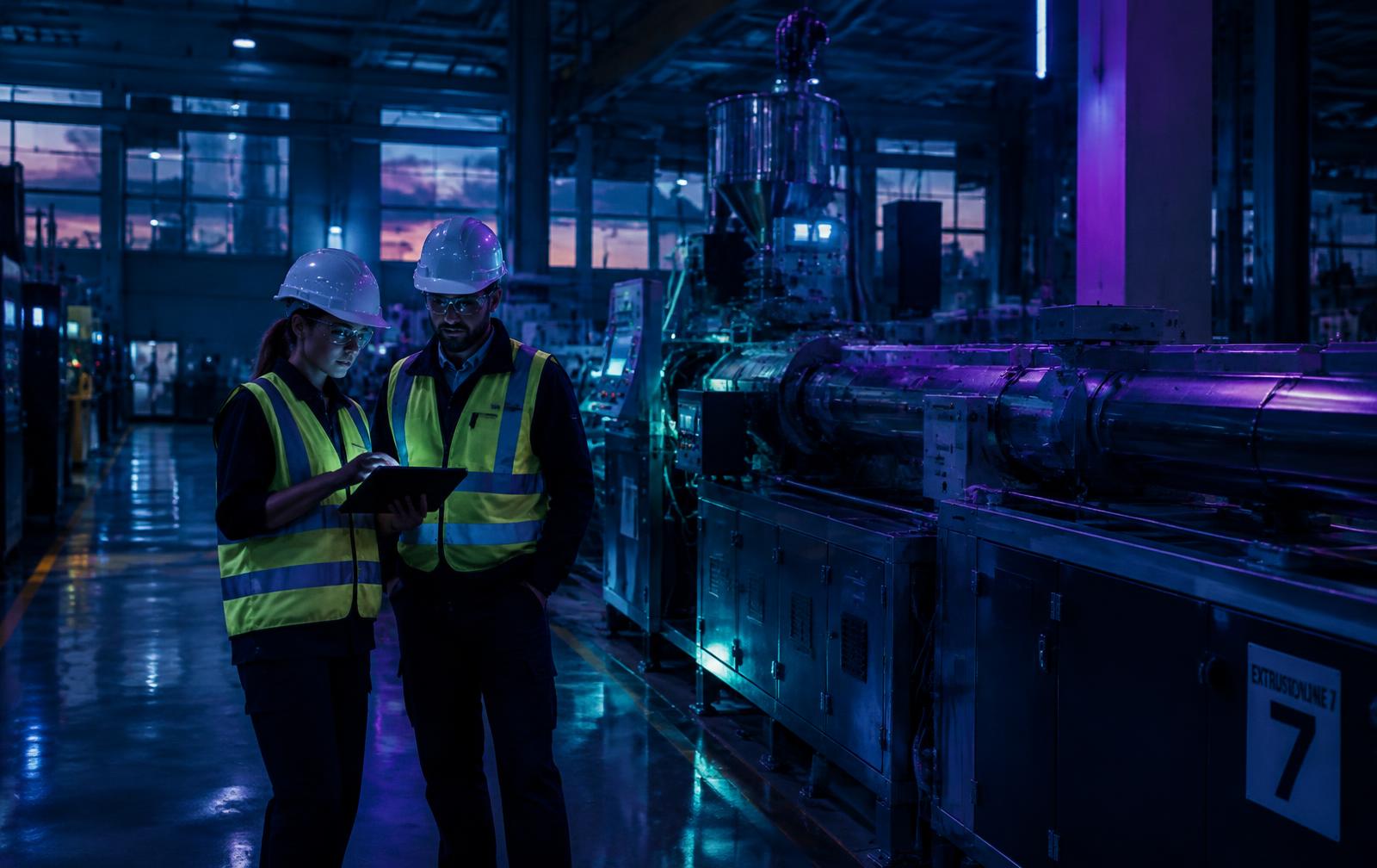 Engineers reviewing process data beside an extrusion line